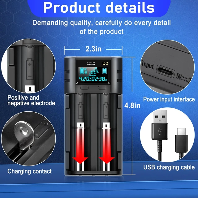 Alt view image 7 of 7 - 18650 Battery Charger,LCD Display Charger for 3.7V Li-ion Battery 18650,26650,21700,18500,18350,16650 1.2V LiFePO4 Ni-MH Ni-Cd A AA AAA Rechargeable Batteries(Battery not Included)