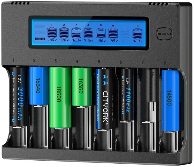 Main image of 18650 Battery Charger with Refresh Function, 8 Bay Smart LCD Universal Battery Charger for 3.7V Lithium Batteries & 1.2V AA/AAA NiMH/NiCd Rechargeable Battery (Batteries not Included)