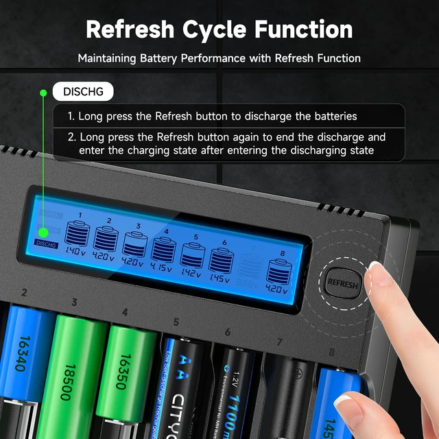Alt view image 4 of 7 - 18650 Battery Charger with Refresh Function, 8 Bay Smart LCD Universal Battery Charger for 3.7V Lithium Batteries & 1.2V AA/AAA NiMH/NiCd Rechargeable Battery (Batteries not Included)