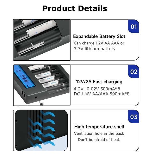 Alt view image 7 of 7 - 18650 Battery Charger with Refresh Function, 8 Bay Smart LCD Universal Battery Charger for 3.7V Lithium Batteries & 1.2V AA/AAA NiMH/NiCd Rechargeable Battery (Batteries not Included)