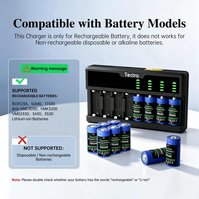 Alt view image 2 of 7 - Smart 8 Bays LED Rapid Charger for Rechargeable Li-ion 123A, RCR123A, 16340, 17335 Battery and Arlo VMC3030 VMK3200 VMS3330 3430 3530 Battery (Batteries not Included)