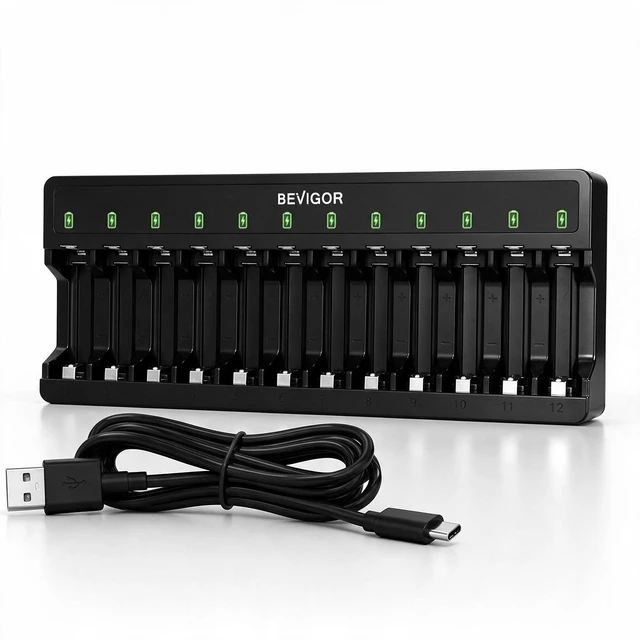 Main image of 12 Bay Battery Charger AA AAA for NiMH Rechargeable Batteries | Type-C QC/PD 24W Quick Charge Input, Independent Full Speed Charging For Each, Ultra Slim Design - Battery NOT Included