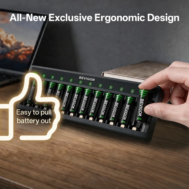 Alt view image 3 of 7 - 12 Bay Battery Charger AA AAA for NiMH Rechargeable Batteries | Type-C QC/PD 24W Quick Charge Input, Independent Full Speed Charging For Each, Ultra Slim Design - Battery NOT Included