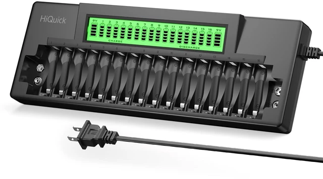 Main image of 16+2 Bay Battery Charger, Fast Charge for AA AAA 9V NiMH/NiCD, LCD | Charge up to 16 AA/AAA & 2 9V batteries at once LCD displaydetects bad batteriescharging with multi-protection design