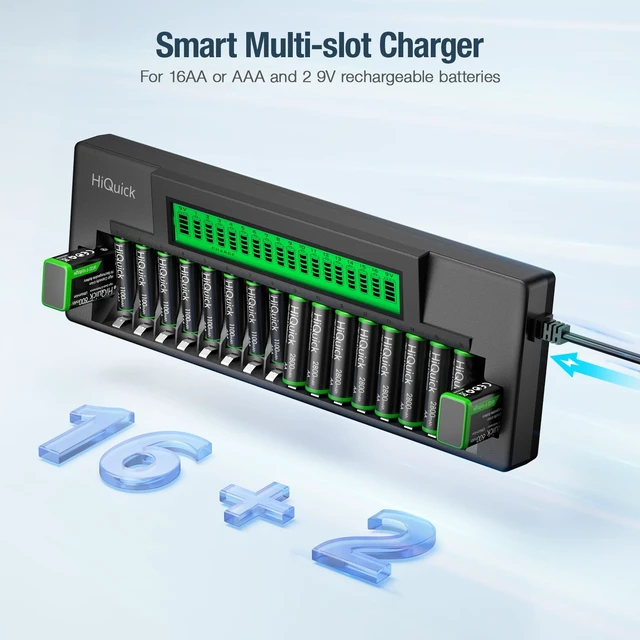 Alt view image 2 of 7 - 16+2 Bay Battery Charger, Fast Charge for AA AAA 9V NiMH/NiCD, LCD | Charge up to 16 AA/AAA & 2 9V batteries at once LCD displaydetects bad batteriescharging with multi-protection design