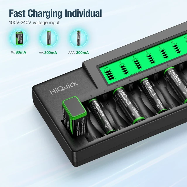 Alt view image 3 of 7 - 16+2 Bay Battery Charger, Fast Charge for AA AAA 9V NiMH/NiCD, LCD | Charge up to 16 AA/AAA & 2 9V batteries at once LCD displaydetects bad batteriescharging with multi-protection design