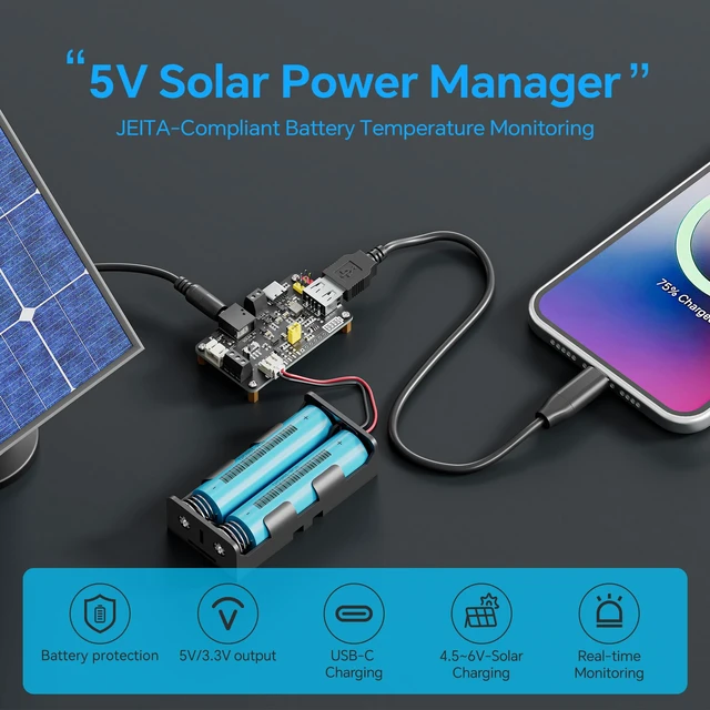 Alt view image 2 of 7 - 5V Solar Charge Controller JEITA Li-ion Battery Charger | Dual USB Output, 5V/3.3V Output, 18650 Solar Charger Board, Compatible with Arduino, Raspberry Pi, STM32