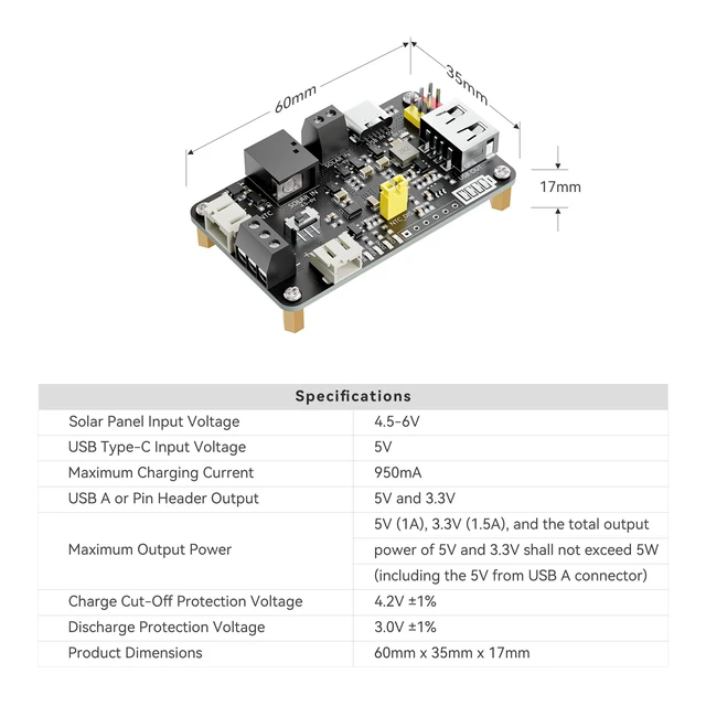 Alt view image 7 of 7 - 5V Solar Charge Controller JEITA Li-ion Battery Charger | Dual USB Output, 5V/3.3V Output, 18650 Solar Charger Board, Compatible with Arduino, Raspberry Pi, STM32