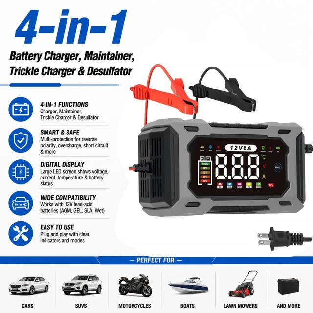 Alt view image 2 of 6 - 12V 6A Smart Battery Charger Maintainer, Fully Automatic Trickle Charger | MultiStage Charging & Comprehensive Safety Protection, for LeadAcid (AGM, GEL, SLA, Flooded, deepcycle) batteries
