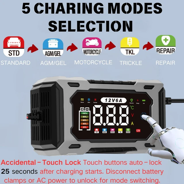 Alt view image 3 of 6 - 12V 6A Smart Battery Charger Maintainer, Fully Automatic Trickle Charger | MultiStage Charging & Comprehensive Safety Protection, for LeadAcid (AGM, GEL, SLA, Flooded, deepcycle) batteries
