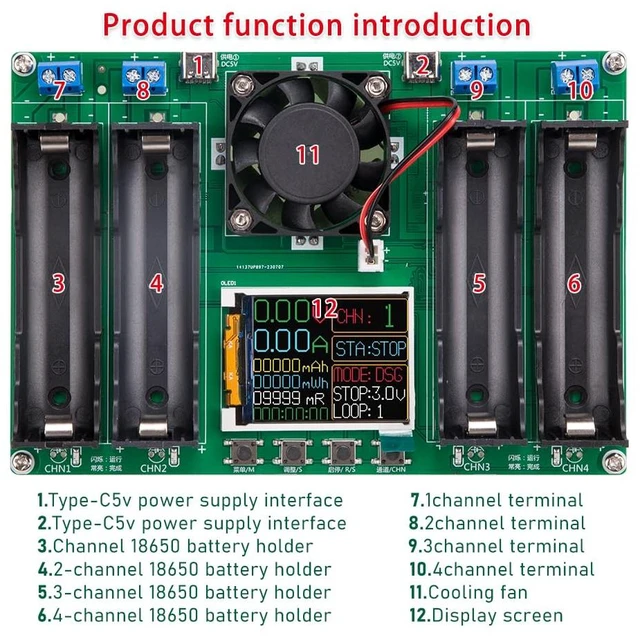 Alt view image 2 of 7 - 1Pcs Type-C 18650 Battery Capacity Tester Lithium Battery Internal Resistance Tester 4-Channel Automatic Charge Discharge Module for Flat Ends 18650 Batteries