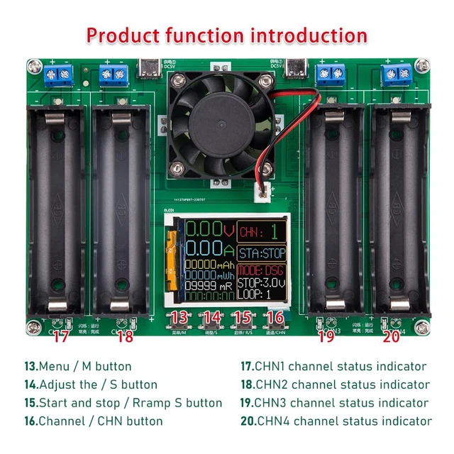 Alt view image 3 of 7 - 1Pcs Type-C 18650 Battery Capacity Tester Lithium Battery Internal Resistance Tester 4-Channel Automatic Charge Discharge Module for Flat Ends 18650 Batteries