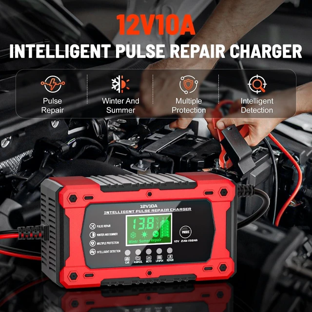 Alt view image 2 of 7 - Car Battery Charger 12V 10A Automatic Smart Trickle Charger & Maintainer | Temperature Compensation LCD Display 8 In 1 Protection Suitable for Car Truck Motorcycle Lawn Mower Boat