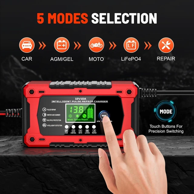 Alt view image 4 of 7 - Car Battery Charger 12V 10A Automatic Smart Trickle Charger & Maintainer | Temperature Compensation LCD Display 8 In 1 Protection Suitable for Car Truck Motorcycle Lawn Mower Boat