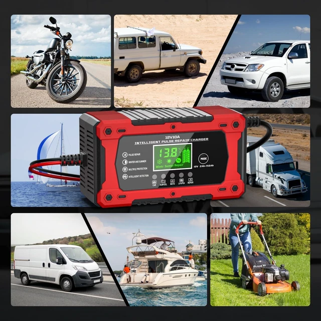 Alt view image 7 of 7 - Car Battery Charger 12V 10A Automatic Smart Trickle Charger & Maintainer | Temperature Compensation LCD Display 8 In 1 Protection Suitable for Car Truck Motorcycle Lawn Mower Boat
