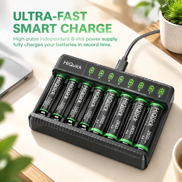 Alt view image 2 of 7 - 8-Bay AA AAA Battery Charger with 4 AA 2800mAh & 4 AAA Cells | 8 slots charge any 1-8 AA/AAA Ni-MH cells at once with a status LED per bay; for remotes, toys, doorbells, game controllers