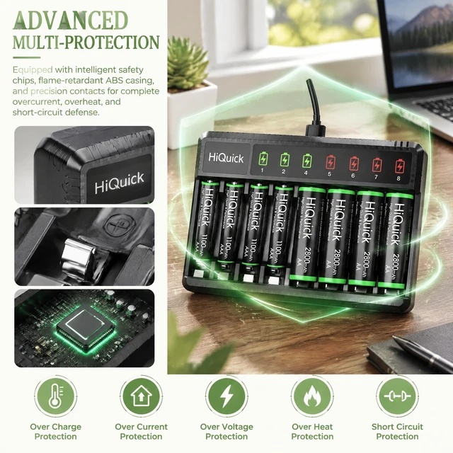 Alt view image 4 of 7 - 8-Bay AA AAA Battery Charger with 4 AA 2800mAh & 4 AAA Cells | 8 slots charge any 1-8 AA/AAA Ni-MH cells at once with a status LED per bay; for remotes, toys, doorbells, game controllers