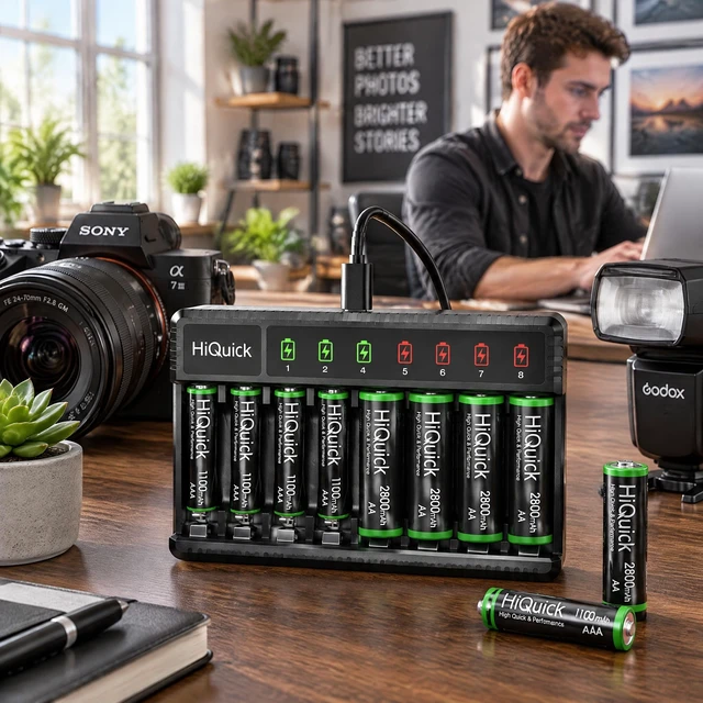 Alt view image 5 of 7 - 8-Bay AA AAA Battery Charger with 4 AA 2800mAh & 4 AAA Cells | 8 slots charge any 1-8 AA/AAA Ni-MH cells at once with a status LED per bay; for remotes, toys, doorbells, game controllers