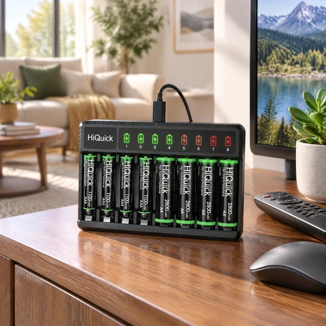 Alt view image 7 of 7 - 8-Bay AA AAA Battery Charger with 4 AA 2800mAh & 4 AAA Cells | 8 slots charge any 1-8 AA/AAA Ni-MH cells at once with a status LED per bay; for remotes, toys, doorbells, game controllers