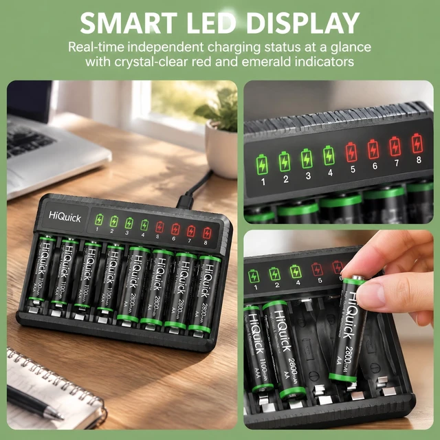Alt view image 6 of 7 - 8-Bay AA AAA Battery Charger with 4 AA 2800mAh & 4 AAA Cells | 8 slots charge any 1-8 AA/AAA Ni-MH cells at once with a status LED per bay; for remotes, toys, doorbells, game controllers