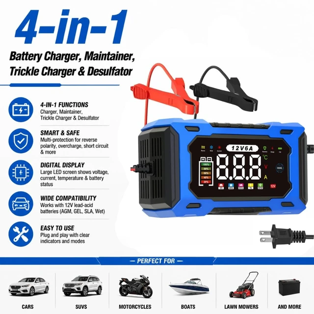 Alt view image 2 of 7 - 12V 6A Smart Battery Charger Maintainer, Fully Automatic Trickle Charger | MultiStage Charging & Comprehensive Safety Protection, for LeadAcid (AGM, GEL, SLA, Flooded, deepcycle) batteries