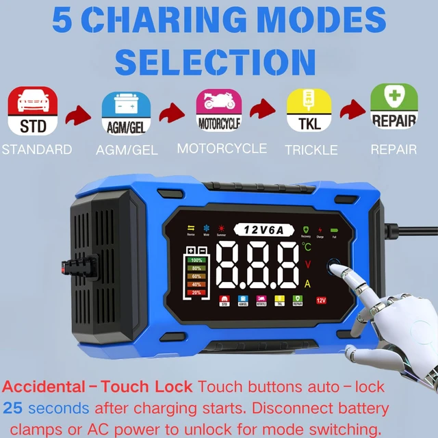 Alt view image 3 of 7 - 12V 6A Smart Battery Charger Maintainer, Fully Automatic Trickle Charger | MultiStage Charging & Comprehensive Safety Protection, for LeadAcid (AGM, GEL, SLA, Flooded, deepcycle) batteries