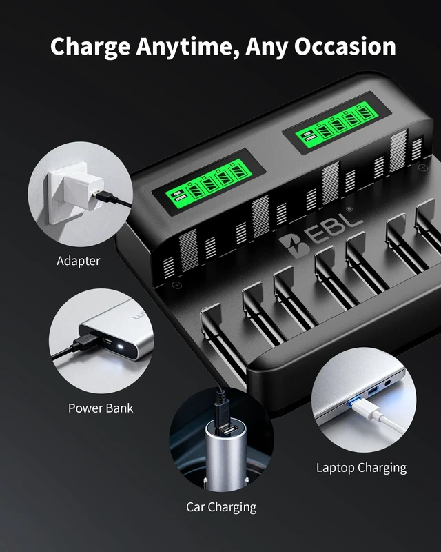 Alt view image 7 of 7 - LCD 8 Bay Battery Charger, AA AAA C D Rechargeable Battery Charger for Rechargeable Batteries Ni-MH AA AAA C D Batteries with Type C Input