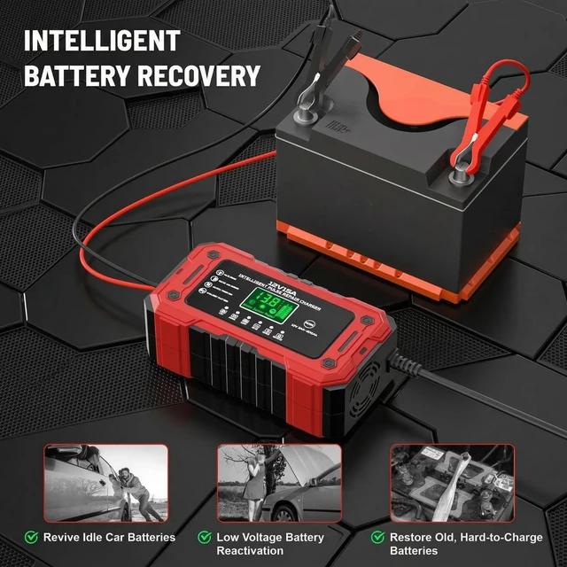 Alt view image 6 of 7 - Car Battery Charger 12V 15A Smart Trickle Charger Fully Automatic | Battery Maintainer with Temperature Compensation LCD Display 8-Layer Protection for Car Truck Motorcycle Lawn Mower Boat
