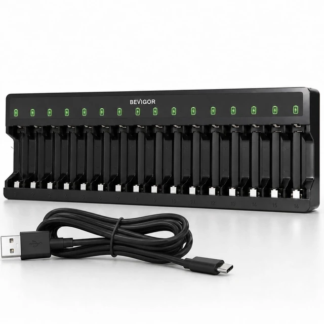 Main image of 16 Bay Battery Charger AA AAA for NiMH Rechargeable Batteries | Type-C QC/PD 24W Quick Charge Input, Independent Full Speed Charging For Each, Ultra Slim Desigh - Battery NOT Included