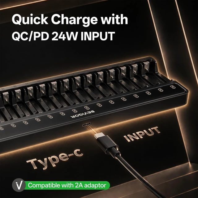 Alt view image 4 of 7 - 16 Bay Battery Charger AA AAA for NiMH Rechargeable Batteries | Type-C QC/PD 24W Quick Charge Input, Independent Full Speed Charging For Each, Ultra Slim Desigh - Battery NOT Included