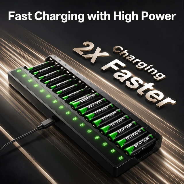 Alt view image 5 of 7 - 16 Bay Battery Charger AA AAA for NiMH Rechargeable Batteries | Type-C QC/PD 24W Quick Charge Input, Independent Full Speed Charging For Each, Ultra Slim Desigh - Battery NOT Included