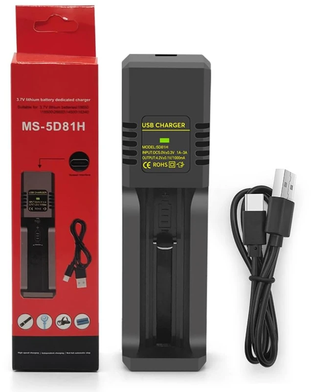 Main image of 18650 Battery Charger Type-C, 1-Bay 3.7V Li-ion Battery Charger for 18650 21700 20700 18500 18350 16340 14500 26650 CR123A, 1A Smart Charging with Overcharge & Reverse Polarity Protection