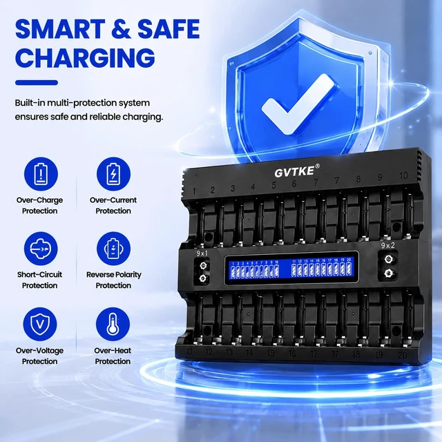 Alt view image 4 of 7 - AA AAA Battery Charger,22 Bays Smart Universal LCD Display Battery Charger | 9V Battery Charger,For Team Users,Home,Karaoke,Security Dep.,Patrol Team,2-Year warranty