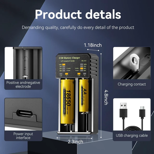 Alt view image 5 of 7 - 18650 Battery Charger, Fast Charging Universal Rechargeable Batteries Charger for 3.7V Li-ion IMR INR ICR 21750 21700 10340 17335 17670 18500 18700 20700 26650,1.2V Ni-MH/CD AAA/AA,C,SC (2 Bay)