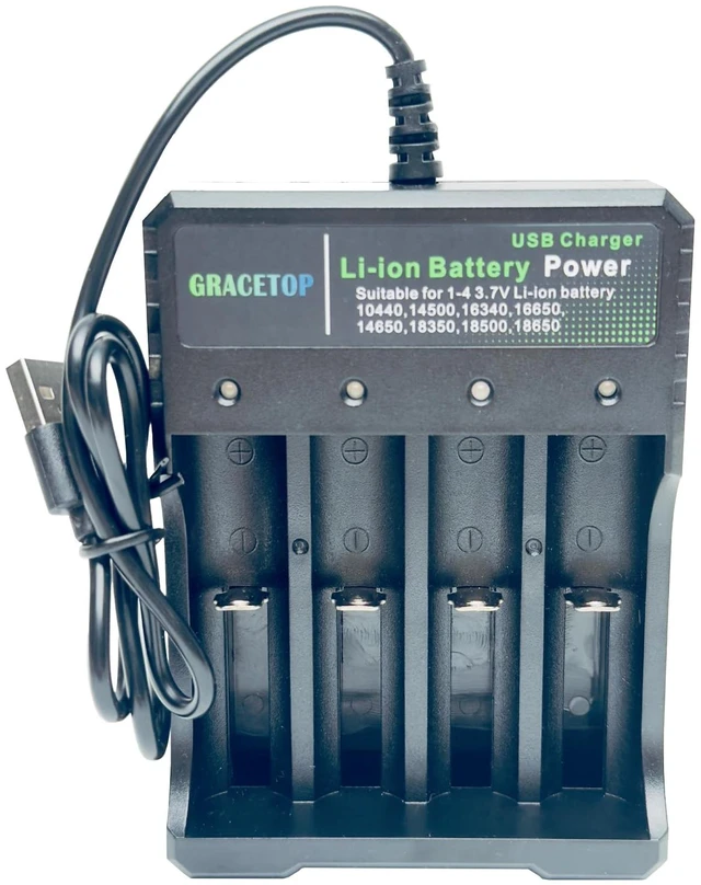 Main image of 4-Bay Charger Independent Charging for 1-4 Li-ion Batteries with Multiple Protections and LED Indicators Compatible with 10440, 14500, 16340, 16650, 14650, 18350, 18500, 18650, 5V 2A