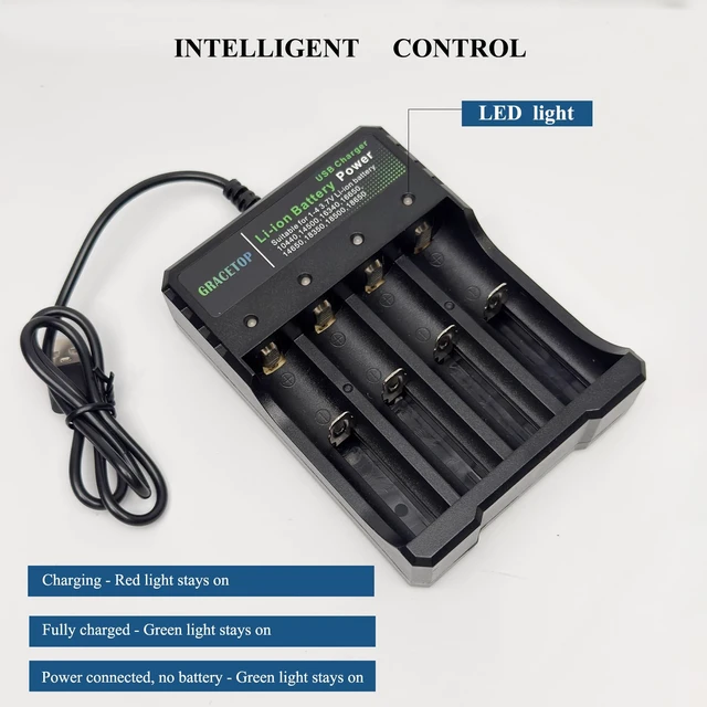 Alt view image 2 of 7 - 4-Bay Charger Independent Charging for 1-4 Li-ion Batteries with Multiple Protections and LED Indicators Compatible with 10440, 14500, 16340, 16650, 14650, 18350, 18500, 18650, 5V 2A