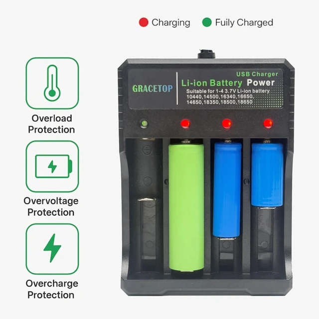 Alt view image 3 of 7 - 4-Bay Charger Independent Charging for 1-4 Li-ion Batteries with Multiple Protections and LED Indicators Compatible with 10440, 14500, 16340, 16650, 14650, 18350, 18500, 18650, 5V 2A