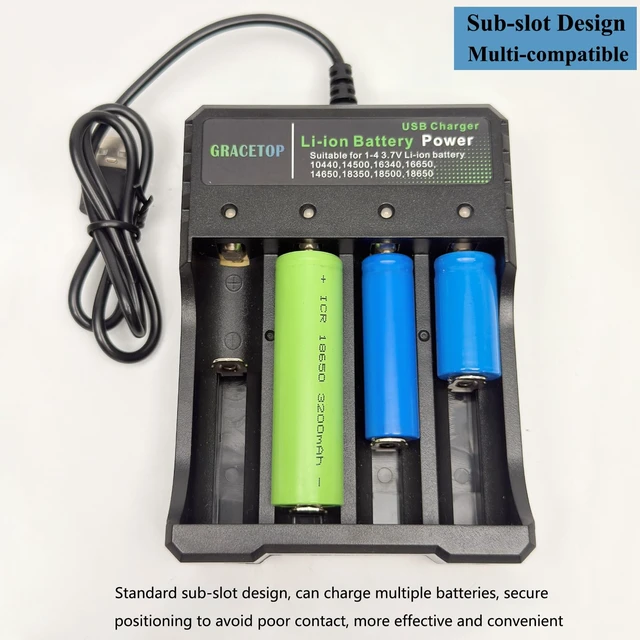 Alt view image 4 of 7 - 4-Bay Charger Independent Charging for 1-4 Li-ion Batteries with Multiple Protections and LED Indicators Compatible with 10440, 14500, 16340, 16650, 14650, 18350, 18500, 18650, 5V 2A