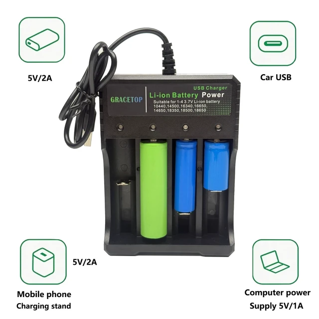 Alt view image 5 of 7 - 4-Bay Charger Independent Charging for 1-4 Li-ion Batteries with Multiple Protections and LED Indicators Compatible with 10440, 14500, 16340, 16650, 14650, 18350, 18500, 18650, 5V 2A