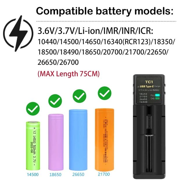 Alt view image 2 of 6 - 18650 Battery Charger, Single-Slot Universal 3.7V Battery Charger for 18650 21700 26650 14500 16340 Li-ion Rechargeable Batteries