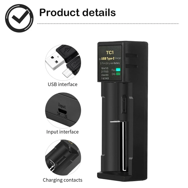 Alt view image 4 of 6 - 18650 Battery Charger, Single-Slot Universal 3.7V Battery Charger for 18650 21700 26650 14500 16340 Li-ion Rechargeable Batteries