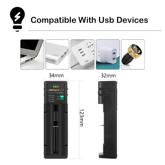 Alt view image 5 of 6 - 18650 Battery Charger, Single-Slot Universal 3.7V Battery Charger for 18650 21700 26650 14500 16340 Li-ion Rechargeable Batteries