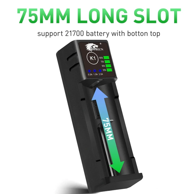 Alt view image 3 of 7 - Single-Slot 18650 Battery Charger, 3.7V Li-ion Charger for 18650 18500 18350 20700 21700 26650 Battery,1.2V Ni-MH/Ni-Cd Batteries,2A Fast Single Slot 18650 USB C Batteries Charger