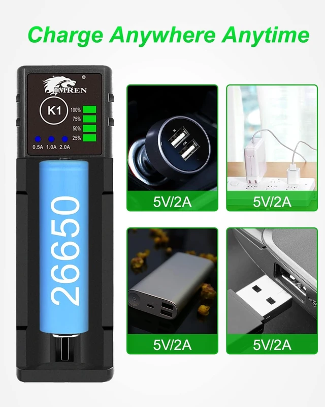 Alt view image 7 of 7 - Single-Slot 18650 Battery Charger, 3.7V Li-ion Charger for 18650 18500 18350 20700 21700 26650 Battery,1.2V Ni-MH/Ni-Cd Batteries,2A Fast Single Slot 18650 USB C Batteries Charger