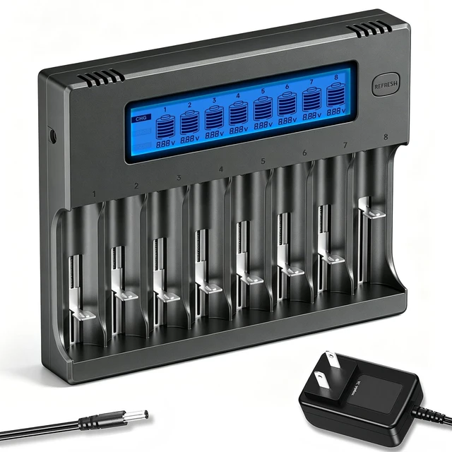 Main image of 18650 Battery Charger, 8-Bay Smart LCD Display, Fast Charge Rechargeable Li-ion LiFePO4 Ni-MH Ni-Cd AA AAA CR123a 21700 26650 13650 16340 18350 18700