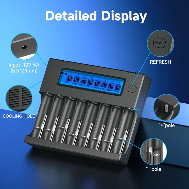 Alt view image 3 of 7 - 18650 Battery Charger, 8-Bay Smart LCD Display, Fast Charge Rechargeable Li-ion LiFePO4 Ni-MH Ni-Cd AA AAA CR123a 21700 26650 13650 16340 18350 18700