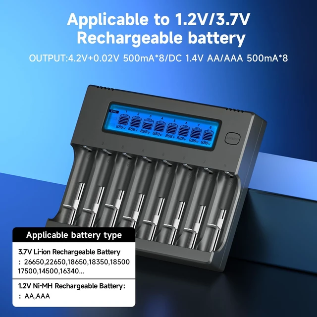 Alt view image 4 of 7 - 18650 Battery Charger, 8-Bay Smart LCD Display, Fast Charge Rechargeable Li-ion LiFePO4 Ni-MH Ni-Cd AA AAA CR123a 21700 26650 13650 16340 18350 18700