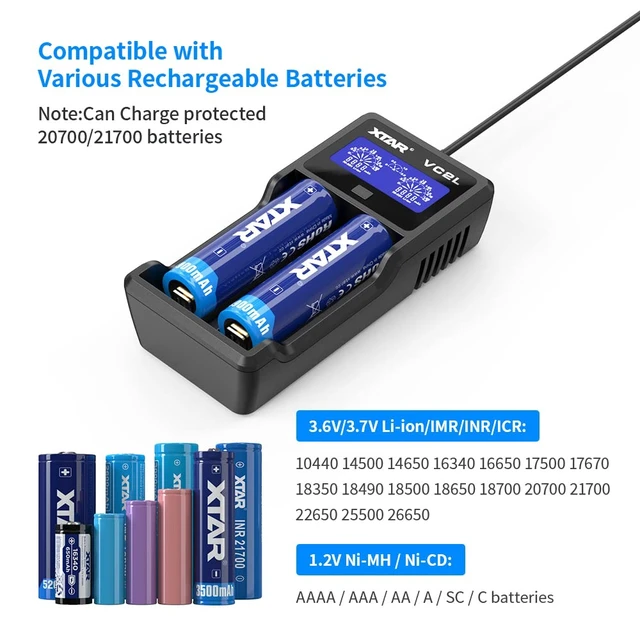 Alt view image 2 of 7 - 21700 Battery Charger VC2L 18650 Charger 2 Slot 2025 Version with LCD Display Max 2A Rechargeable Liion and AA Charger Not Included Any Batteries(VC2L)