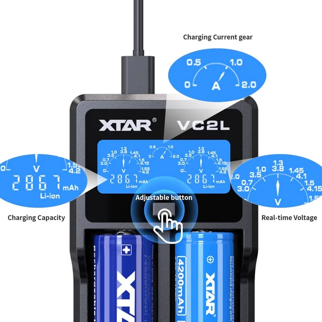 Alt view image 4 of 7 - 21700 Battery Charger VC2L 18650 Charger 2 Slot 2025 Version with LCD Display Max 2A Rechargeable Liion and AA Charger Not Included Any Batteries(VC2L)