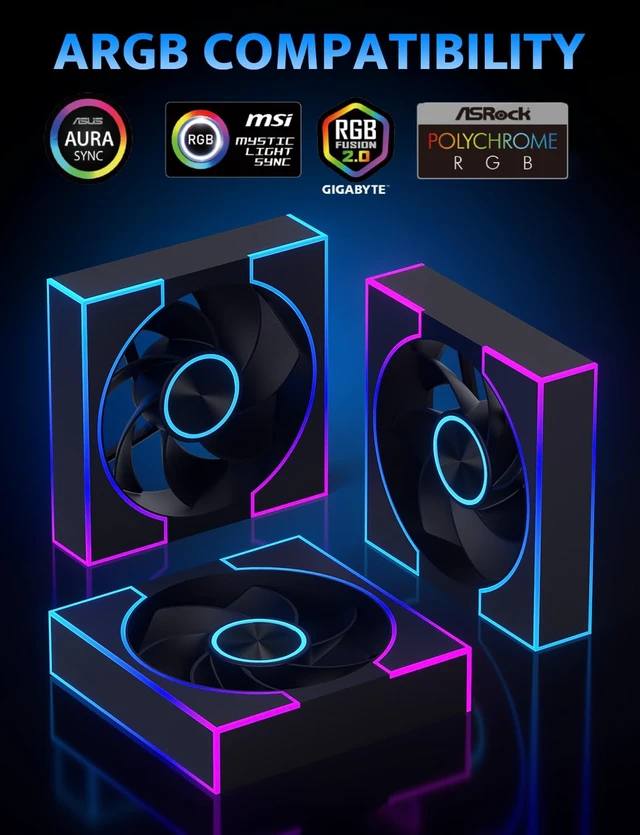Alt view image 5 of 7 - 3-Pack 120mm PC Case Fans, PWM ARGB Sync, Addressable RGB Cooling Fans for Computer Case & High Airflow Reverse(DM8R LINE, Black)